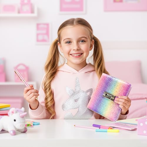 Journal Intime Fille avec Cadenas et Stylo - Design Arc-en-ciel - Cadeau Idéal 8-14 ans