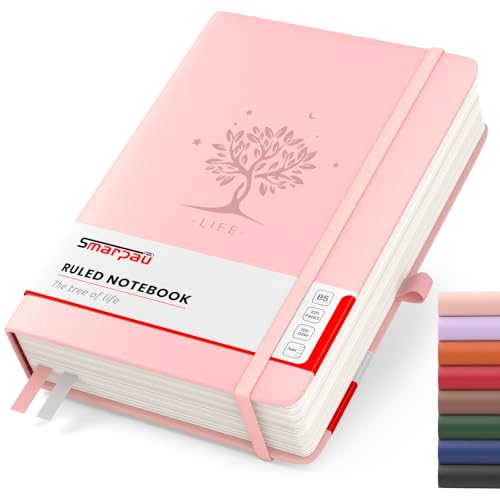 Smarpau Carnet de Notes B5 Ligné, Couverture Rigide Cuir, 320 Pages 100g/m², Journal Intime Rose pour Adultes, Travail, Études, Voyages