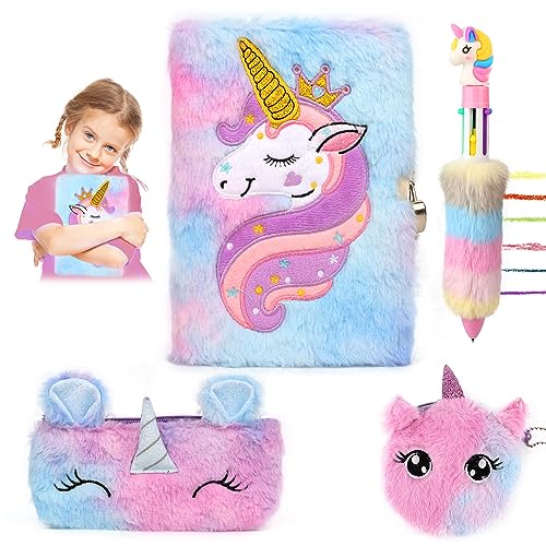 VFANDV Journal Intime Fille avec Cadenas - Cahier Licorne Peluche et Stylo Multicolore - Agenda Secret Cadeau Noël 3-9 Ans (Violet)