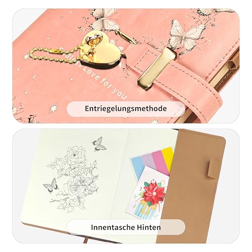 Journal Intime A5 avec Cadenas Cœur et Papillon UV – 200 Pages Lignées, Porte-Stylo, Marque-Page – Cadeau Idéal pour Filles et Adultes