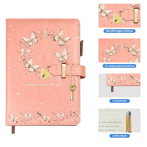 Journal Intime A5 avec Cadenas Cœur et Papillon UV – 200 Pages Lignées, Porte-Stylo, Marque-Page – Cadeau Idéal pour Filles et Adultes