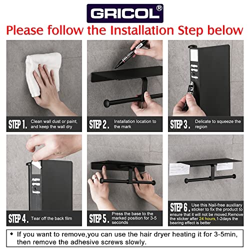 Gricol Porte Rouleau Papier Toilette Noir avec Étagère - Installation Facile sans Perçage