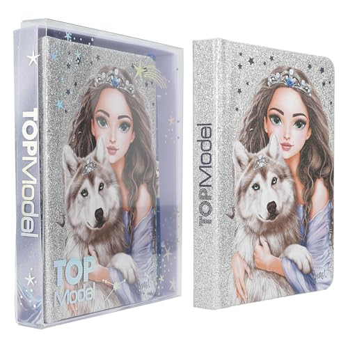 TOPModel Carnet de Notes Argenté et Bleu Scintillant avec Motif Loup - 160 Pages Lignées, Crayon Inclus