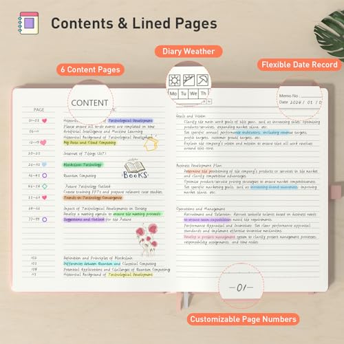 Smarpau Carnet de Notes B5 Ligné, Couverture Rigide Cuir, 320 Pages 100g/m², Journal Intime Rose pour Adultes, Travail, Études, Voyages