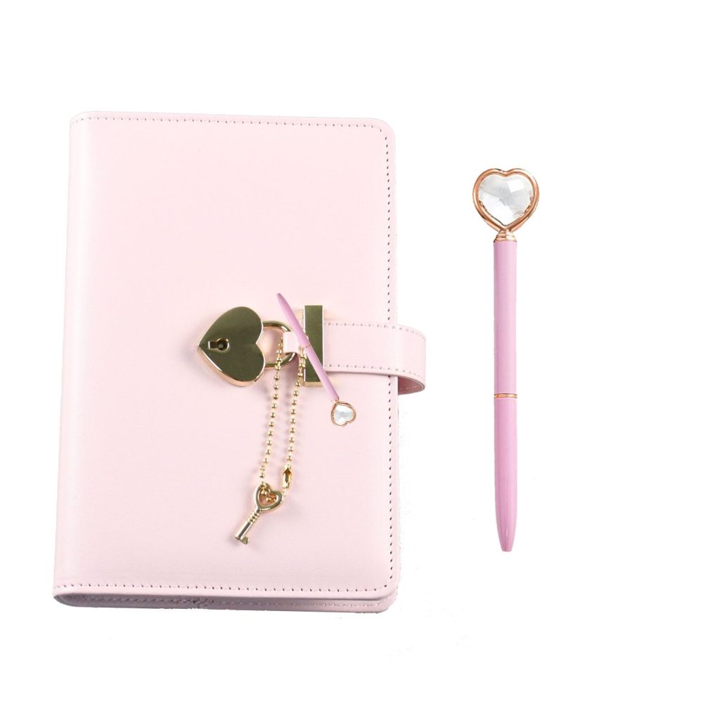 A6 Carnet de Notes Secret avec Cadenas Cœur, Journal Intime Fille, Stylo Diamant, Rose 190x120mm