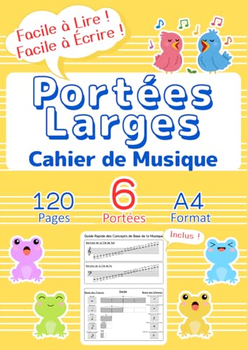 Cahier de Musique pour Enfants - Apprentissage Ludique avec Portées Larges - Format A4 - 120 Pages - Jaune