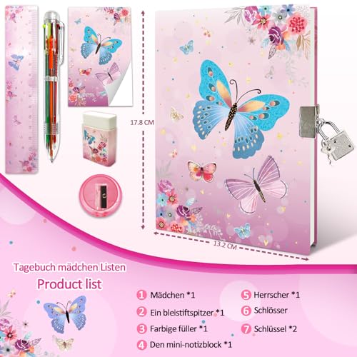 Journal Intime Fille Secret Papillon avec Cadenas - Set Papeterie Complet pour Enfants 6-10 Ans