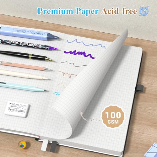 Smarpau Carnet de Notes A5 à Carreaux - Couverture Rigide en Cuir PU, 360 Pages, 100 g/m², Idéal pour Travail, Études et Voyages