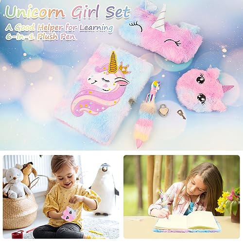 VFANDV Journal Intime Fille avec Cadenas - Cahier Licorne Peluche et Stylo Multicolore - Agenda Secret Cadeau Noël 3-9 Ans (Violet)