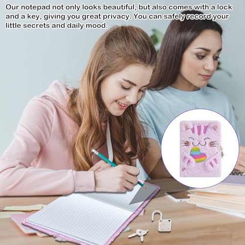 Journal Intime Fille avec Serrure et Clé - Carnet Secret Chat Peluche Douce Violet Arc-en-ciel - Cadeau Enfant 6 ans+