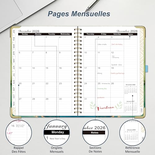 Gumiho Agenda Semainier 2026 A5 Spirale - Planner Annuel Janvier-Décembre 2026 avec Stylo, Règle et Autocollants - Bleu