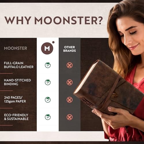 Moonster® Carnet en Cuir Véritable - Journal Intime Fait Main, Bloc Notes Recyclé 20x15cm - Idéal Cahier de Dessin, Voyage et Cadeau Homme/Femme