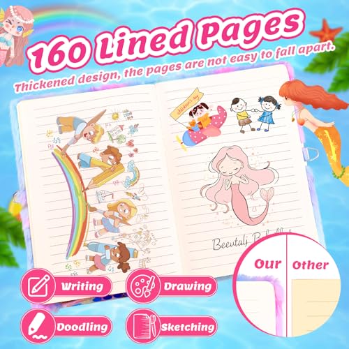 Lot de 4 Sirènes : Journal Intime Fille avec Cadenas, Carnet Peluche A5, Portefeuille Sequins, Stylo & Autocollants