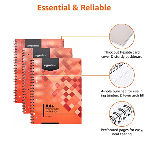 Amazon Basics Cahier A4+ Reliure Spirale, 100 Feuilles, 200 Pages, 80 g/m², Lot de 3, Rouge