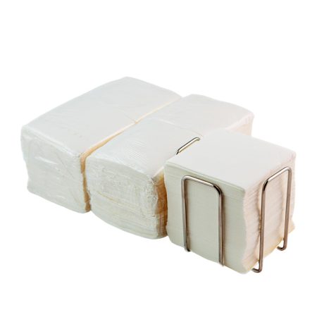 Lot de 300 Serviettes Cocktail Papier Blanc + Porte-Serviettes Inox - Texture Micro-Point, Absorbantes, 10x10cm - Idéal Restauration & Événements
