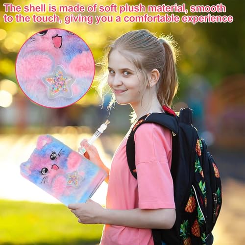 Journal Intime Fille Chat Mignon avec Serrure et Clé - Carnet Secret Peluche Douce 21,5x15,5 cm Rose Bleu - Cadeau Anniversaire Scolaire Voyage