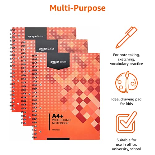 Amazon Basics Cahier A4+ Reliure Spirale, 100 Feuilles, 200 Pages, 80 g/m², Lot de 3, Rouge