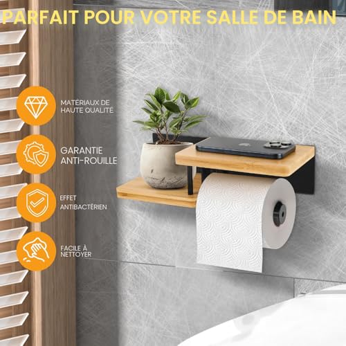 Diealles Shine® Porte-Papier Toilette Mural avec Étagère – Support sans Perçage en Bambou et Acier Inoxydable