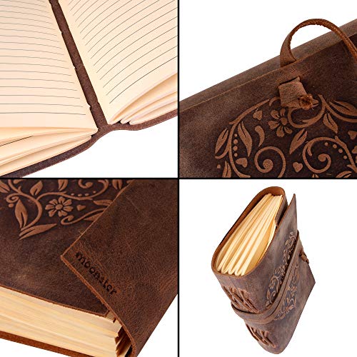 Moonster® Carnet en Cuir Véritable Ligné avec Cœur en Relief - Journal Intime 400 Pages - Cadeau Femme Idéal