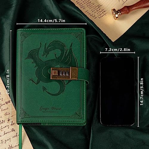 TIEFOSSI Carnet de Notes en Cuir Dragon - Couverture Rigide, Rechargeable, avec Cadenas à Combinaison - Idéal pour Hommes, Femmes et Enfants - Vert