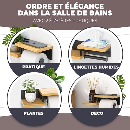 ElbFuchs® Porte Papier Toilette Mural en Bambou - Design Élégant avec Étagère Intégrée - Installation Facile sans Percage - Noir