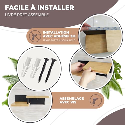 ElbFuchs® Porte Papier Toilette Mural en Bambou - Design Élégant avec Étagère Intégrée - Installation Facile sans Percage - Noir