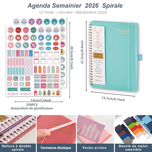Agenda Semainier 2026 A5 Spirale - Planificateur Annuel avec Boucle Stylo et Autocollants - Bleu Clair