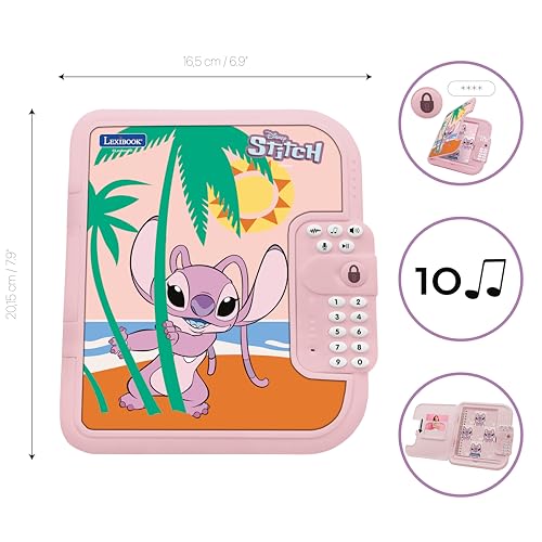 Lexibook Disney Stitch Angel - Journal Intime Électronique Interactif avec Stylo, Carnet Inclus, Mot de Passe, Effets Sonores - Bleu/Rose