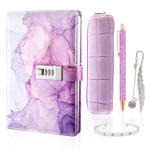 TNSLAND Set de Papeterie Violet : Journal Intime Fille avec Serrure, Stylo, Bracelet et Marque-Page - Le Coffret Cadeau Idéal pour Filles de 7 à 14 Ans