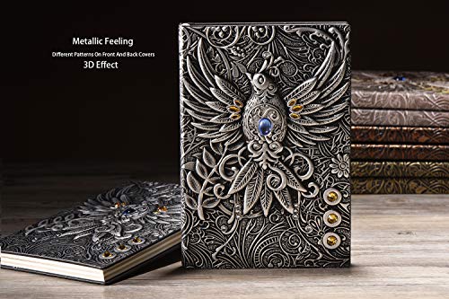 YHH Carnet de Notes A5 Ligné Vintage Cuir, 200 Pages, Couverture Rigide, Journal Intime Phénix Argent