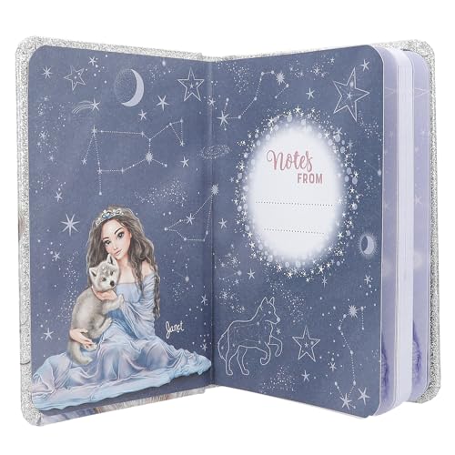 TOPModel Carnet de Notes Argenté et Bleu Scintillant avec Motif Loup - 160 Pages Lignées, Crayon Inclus