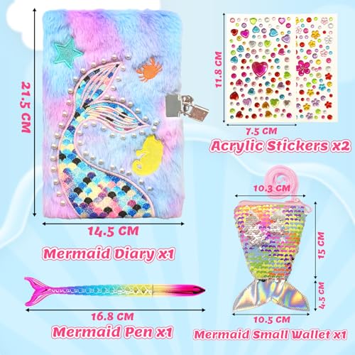 Lot de 4 Sirènes : Journal Intime Fille avec Cadenas, Carnet Peluche A5, Portefeuille Sequins, Stylo & Autocollants