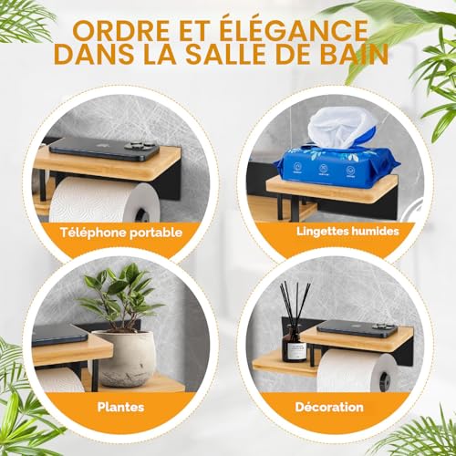 Diealles Shine® Porte-Papier Toilette Mural avec Étagère – Support sans Perçage en Bambou et Acier Inoxydable