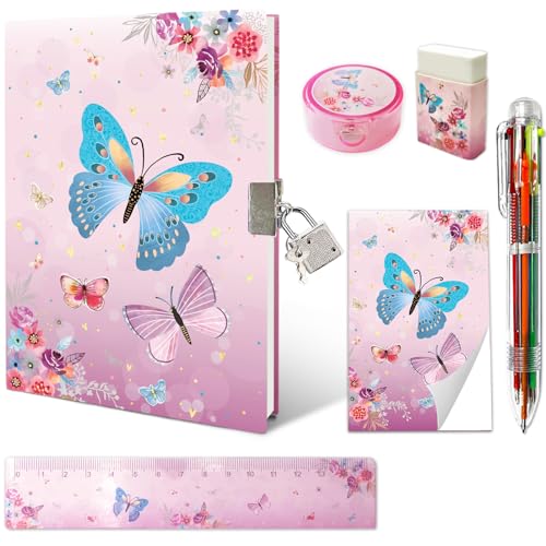 Journal Intime Fille Secret Papillon avec Cadenas - Set Papeterie Complet pour Enfants 6-10 Ans