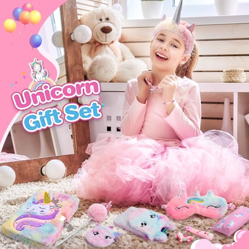 HappyGoLucky Coffret Cadeau Fille 3-12 Ans : Journal Intime Licorne, Peluche, Accessoires & Bijoux