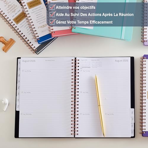 Agenda Semainier 2026 A5 Spirale - Planificateur Annuel avec Boucle Stylo et Autocollants - Bleu Clair