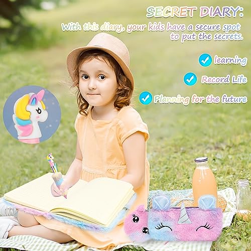 VFANDV Journal Intime Fille avec Cadenas - Cahier Licorne Peluche et Stylo Multicolore - Agenda Secret Cadeau Noël 3-9 Ans (Violet)