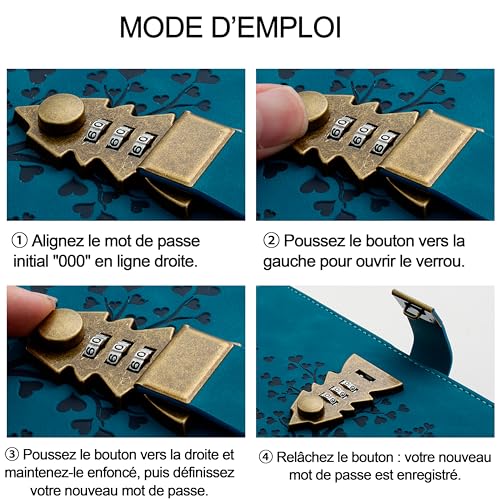 Carnet en cuir PU bleu paon A5 avec serrure à combinaison, 244 pages, idéal pour écrire ou offrir