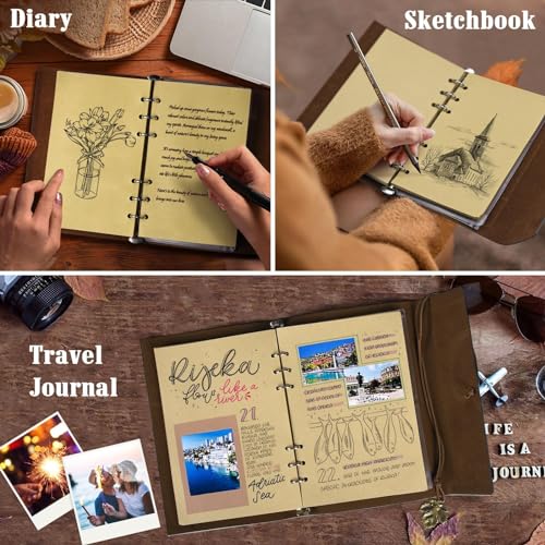 OMEYA Carnet en Cuir Vintage A5 Rechargeable - Journal de Voyage 160 Pages Blanc 100g/m² avec 2 Pochettes PVC