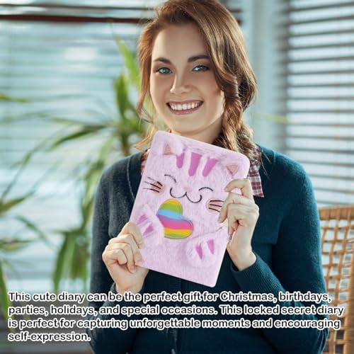 Journal Intime Fille avec Serrure et Clé - Carnet Secret Chat Peluche Douce Violet Arc-en-ciel - Cadeau Enfant 6 ans+