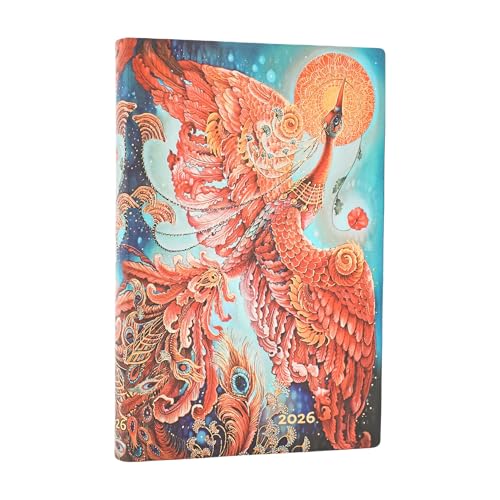 Paperblanks 2026 Oiseau de Feu : Agenda Flexis Mini Horizontal 12 Mois avec Fermeture Élastique, 176 Pages