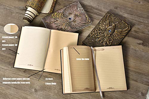 YHH Carnet de Notes A5 Ligné Vintage Cuir, 200 Pages, Couverture Rigide, Journal Intime Phénix Argent