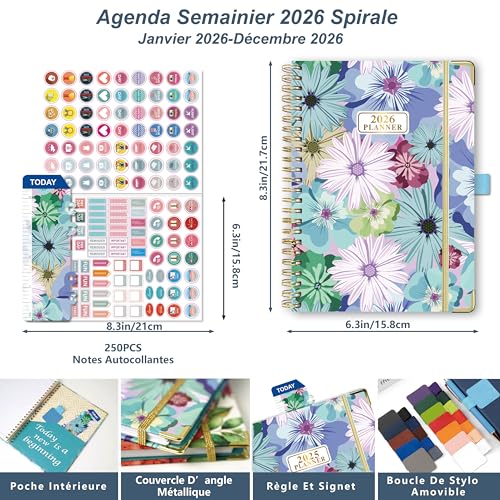 Gumiho Agenda Semainier 2026 A5 Spirale - Planner Annuel Janvier-Décembre 2026 avec Stylo, Règle et Autocollants - Bleu