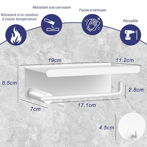 Porte Papier Toilette Mural Auto-Adhésif en Acier Inoxydable avec Étagère - Blanc
