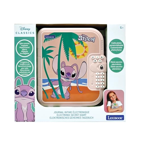 Lexibook Disney Stitch Angel - Journal Intime Électronique Interactif avec Stylo, Carnet Inclus, Mot de Passe, Effets Sonores - Bleu/Rose