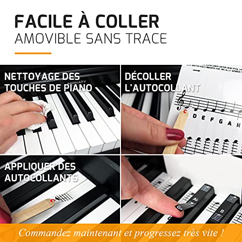 MORIATY® Autocollants pour Notes de Piano - Kit Premium Complet pour 49, 61, 76, 88 Touches avec Ebook Instructif en Français