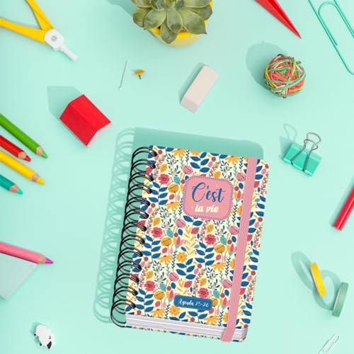 Agenda Scolaire 2025-2026 A6 "C'est La Vie" - Page Par Jour, Bilingue Espagnol/Anglais, Spirale, Élastique, Couverture Rigide, Autocollants