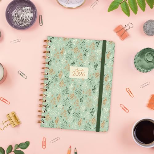 Agenda Spirale 2026 Hebdomadaire Horizontal Janvier-Décembre - Couverture Rigide Anti-Rayures avec Élastique et Autocollants Thématiques