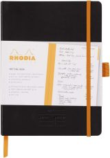Carnet Souple Meeting Noir A5+ Rhodiarama - 160 pages lignées Meeting, Papier Clairefontaine 90g/m², Simili Cuir, Marque-page, Porte-crayon
