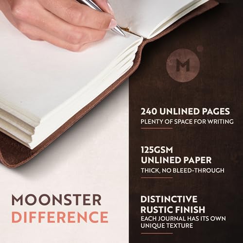 Moonster® Carnet en Cuir Véritable - Journal Intime Fait Main, Bloc Notes Recyclé 20x15cm - Idéal Cahier de Dessin, Voyage et Cadeau Homme/Femme